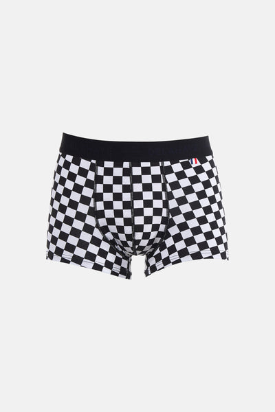 Zwarte Delahaye boxer, zwart-wit geblokt patroon, zwarte elastische tailleband.