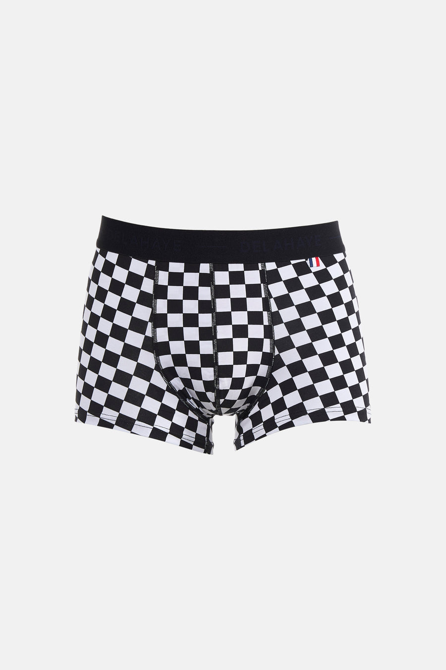 Zwarte Delahaye boxer, zwart-wit geblokt patroon, zwarte elastische tailleband.