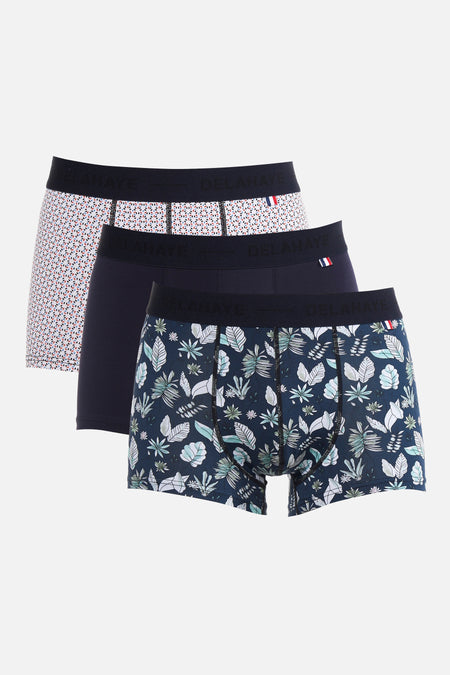 Boxers bleus de DELAHAYE, avec motifs floraux et géométriques variés.