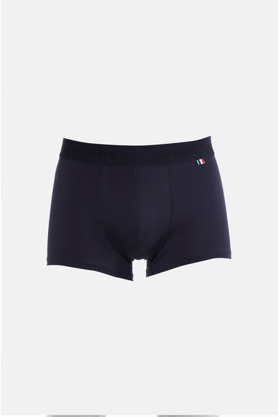 Marineblauwe boxer van DELAHAYE, met een elastische tailleband met logo en een discrete driekleurige vlag.