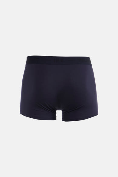 Boxer bleu de DELAHAYE, vue arrière, avec une ceinture élastique noire marquée du nom de la marque.