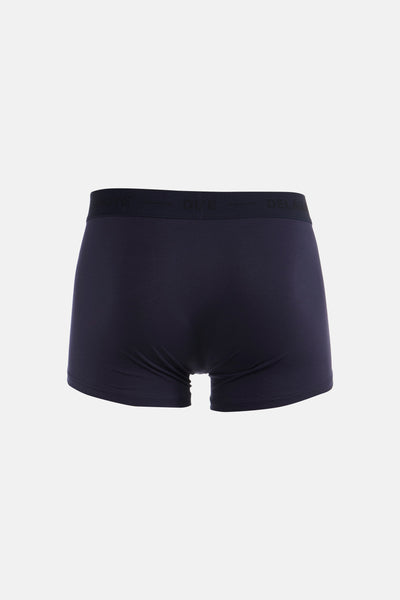 Boxer bleu de DELAHAYE, vue arrière, avec une ceinture élastique noire marquée du nom de la marque.