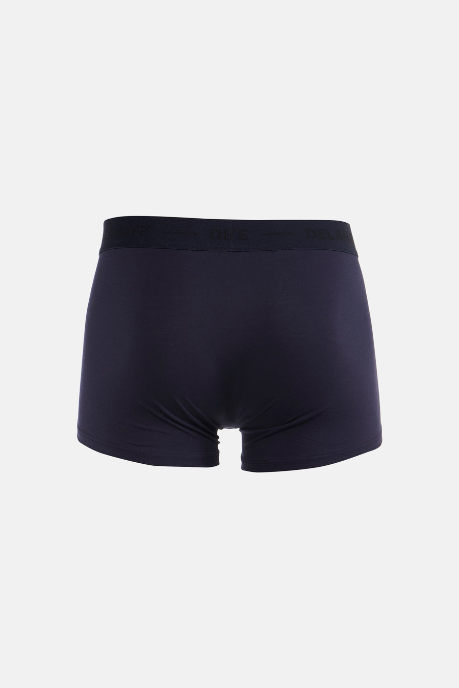 Boxer bleu de DELAHAYE, vue arrière, avec une ceinture élastique noire marquée du nom de la marque.