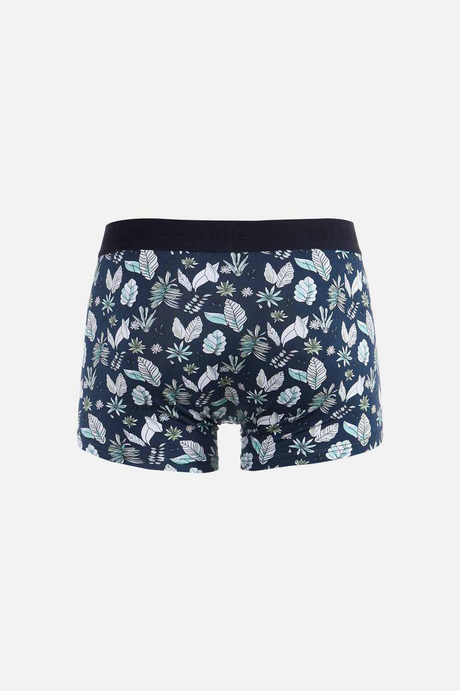 Boxer bleu de DELAHAYE, imprimé de motifs de feuilles et de plantes blanches et turquoise.