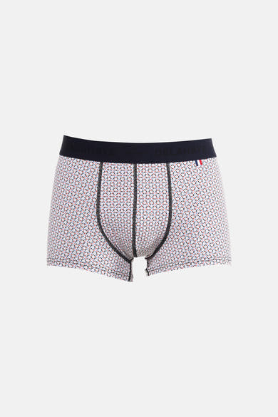 Boxer à motifs bleu, rouge et noir de DELAHAYE, avec une ceinture bleu marine portant le nom de la marque.