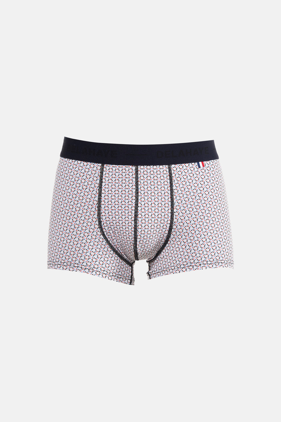 Boxer à motifs bleu, rouge et noir de DELAHAYE, avec une ceinture bleu marine portant le nom de la marque.