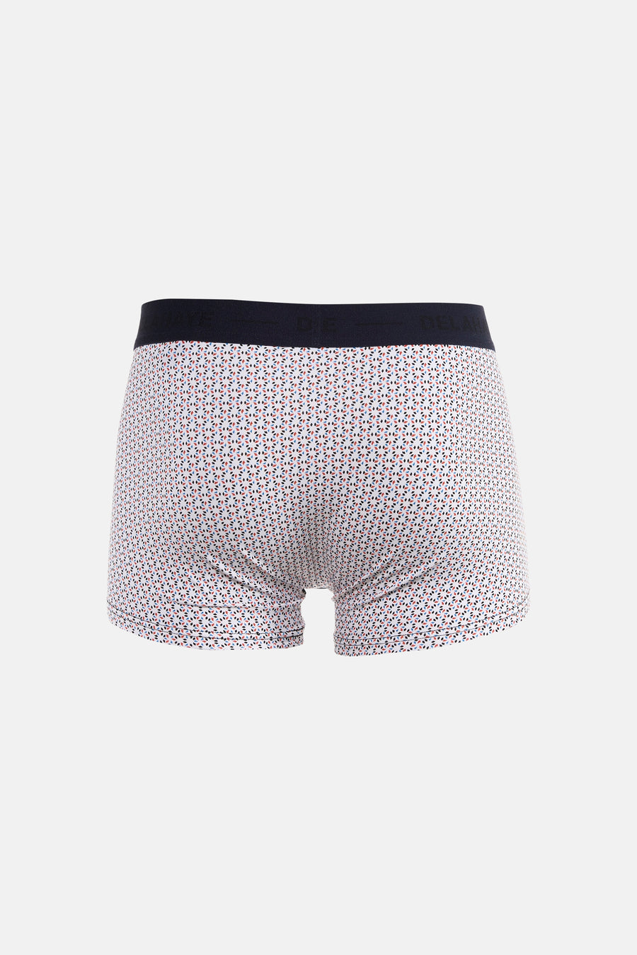 Bedrukte boxer met patroon van Delahaye, met een marineblauwe elastische tailleband.