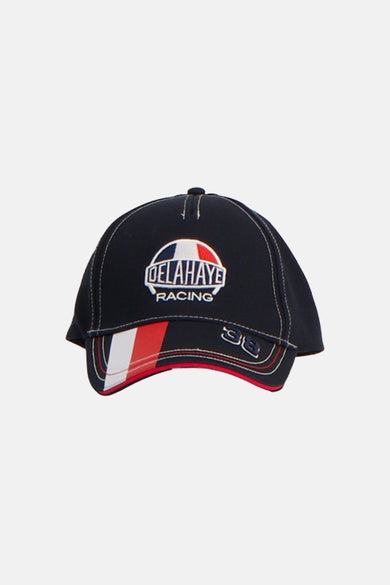 Navy blue baseball cap by Delahaye Racing with embroidered logo, French flag stripes on brim, and white stitching, front view
