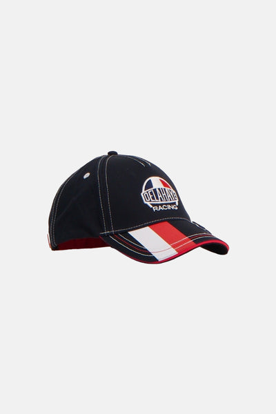 Navy blue baseball cap by Delahaye Racing with white stitching, red and white striped brim, and embroidered logo, side view