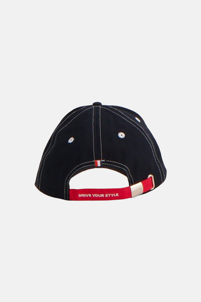 Navy blue baseball cap with white stitching and red adjustable strap featuring "DRIVE YOUR STYLE" text, back view