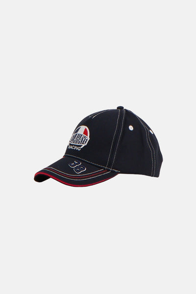 Navy blue baseball cap with white stitching and red brim trim, featuring a racing logo patch and number 38 embroidery, side view.