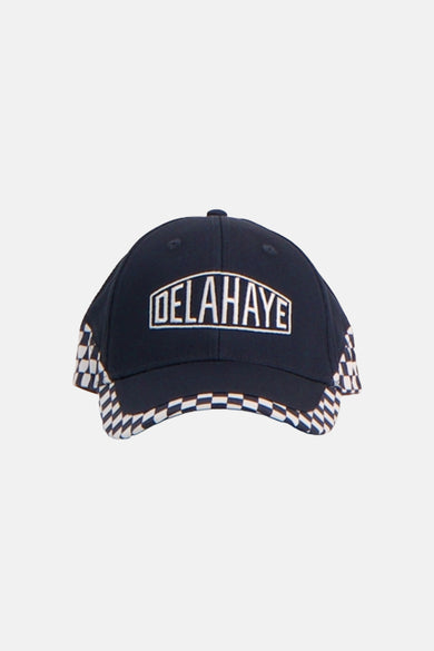 Navy blue baseball cap by Delahaye with white embroidered logo and checkered brim trim, front view