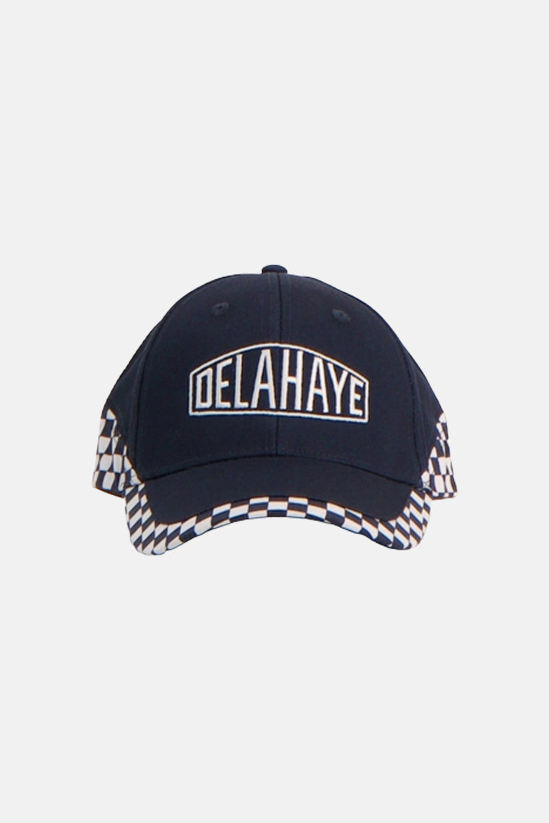 Navy blue baseball cap by Delahaye with white embroidered logo and checkered brim trim, front view