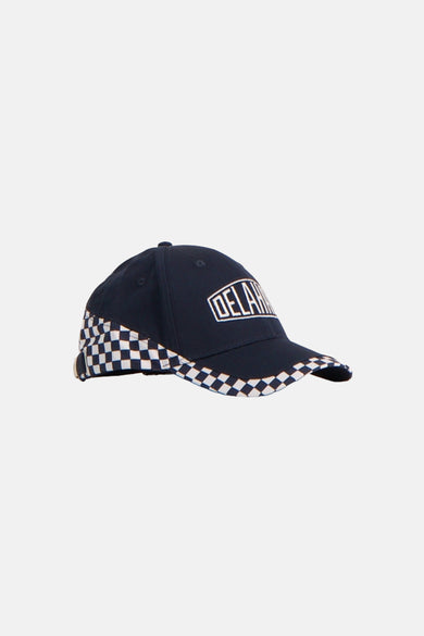 Navy blue baseball cap with white checkered brim and side panels, featuring arched "DELAR" embroidery on front, side view.