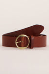 Ceinture marron en cuir, de Legend, avec une boucle ronde dorée et des coutures apparentes.
