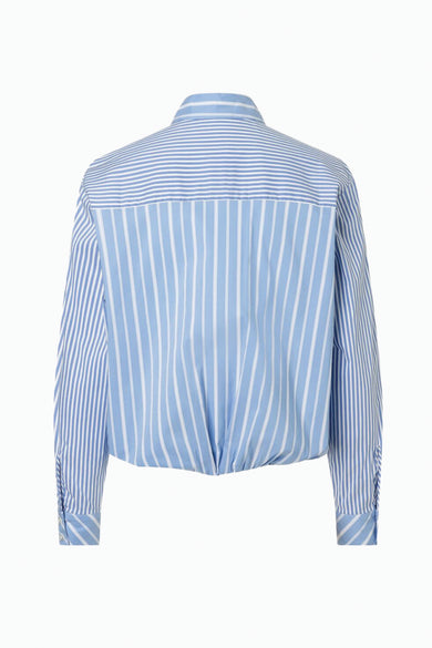 Blouse rayée bleue à manches longues de MORE & MORE, avec un nœud à la taille, vue de dos.