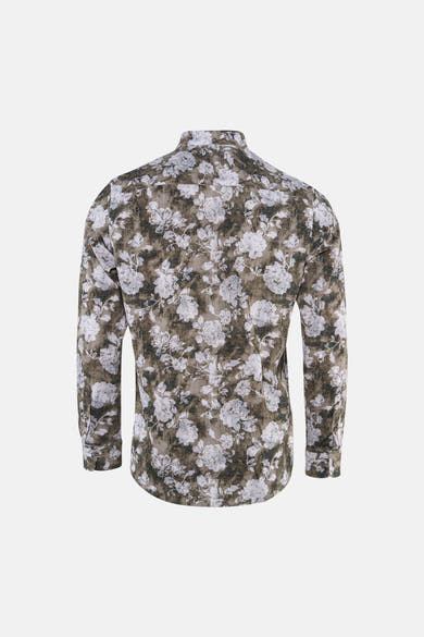 Multicolored long-sleeve shirt with white floral pattern on brown base, back view, textured fabric