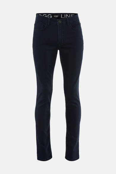 Navy blue chinos by Delahaye, slim fit with front button closure and visible waistband branding, front view.