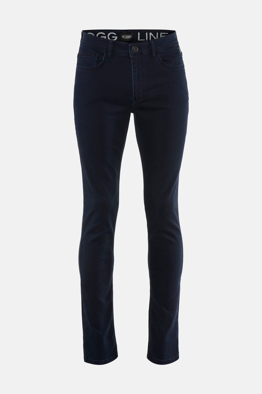 Navy blue chinos by Delahaye, slim fit with front button closure and visible waistband branding, front view.