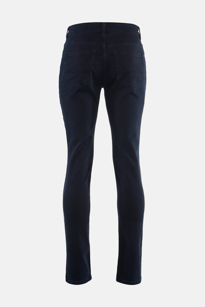 Navy blue chinos from back view, featuring clean stitching and two rear pockets, slim straight fit, smooth cotton blend fabric