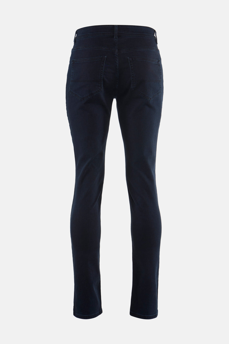 Navy blue chinos from back view, featuring clean stitching and two rear pockets, slim straight fit, smooth cotton blend fabric