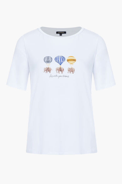 T-shirt blanc à manches courtes de More & More avec motif d'éléphants et montgolfières.