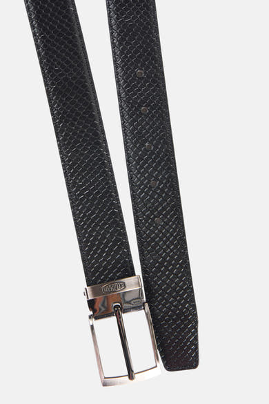 Ceinture noire DELAHAYE à motif texturé, avec boucle rectangulaire argentée et ardillon.