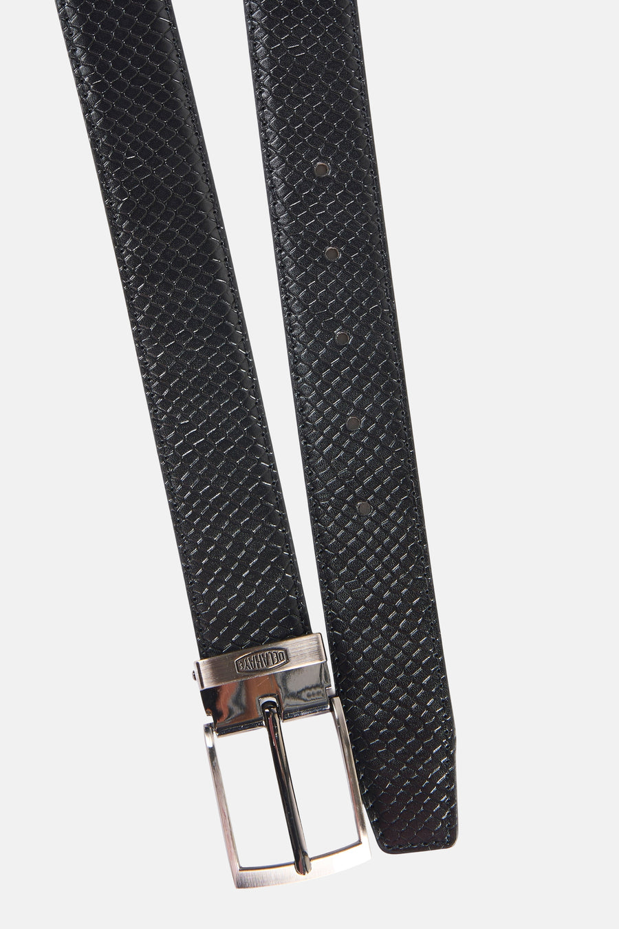 Ceinture noire DELAHAYE à motif texturé, avec boucle rectangulaire argentée et ardillon.