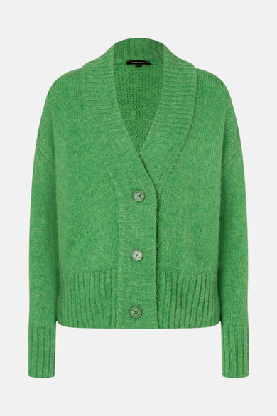 Groene cardigan met sjaalkraag van More & More, met drie knopen aan de voorkant en geribbelde boorden.