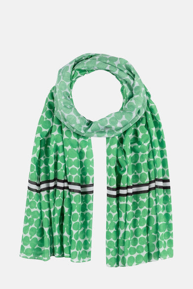 Foulard vert à pois blancs de MORE & MORE, avec des rayures noires horizontales.