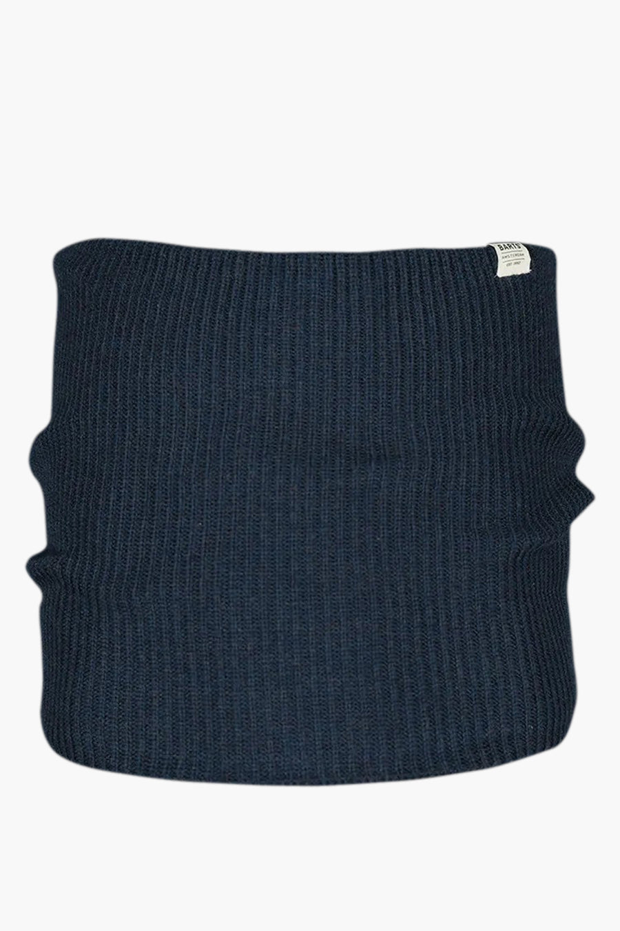 Cache-cou bleu en maille côtelée de Barts, avec une étiquette de marque visible.