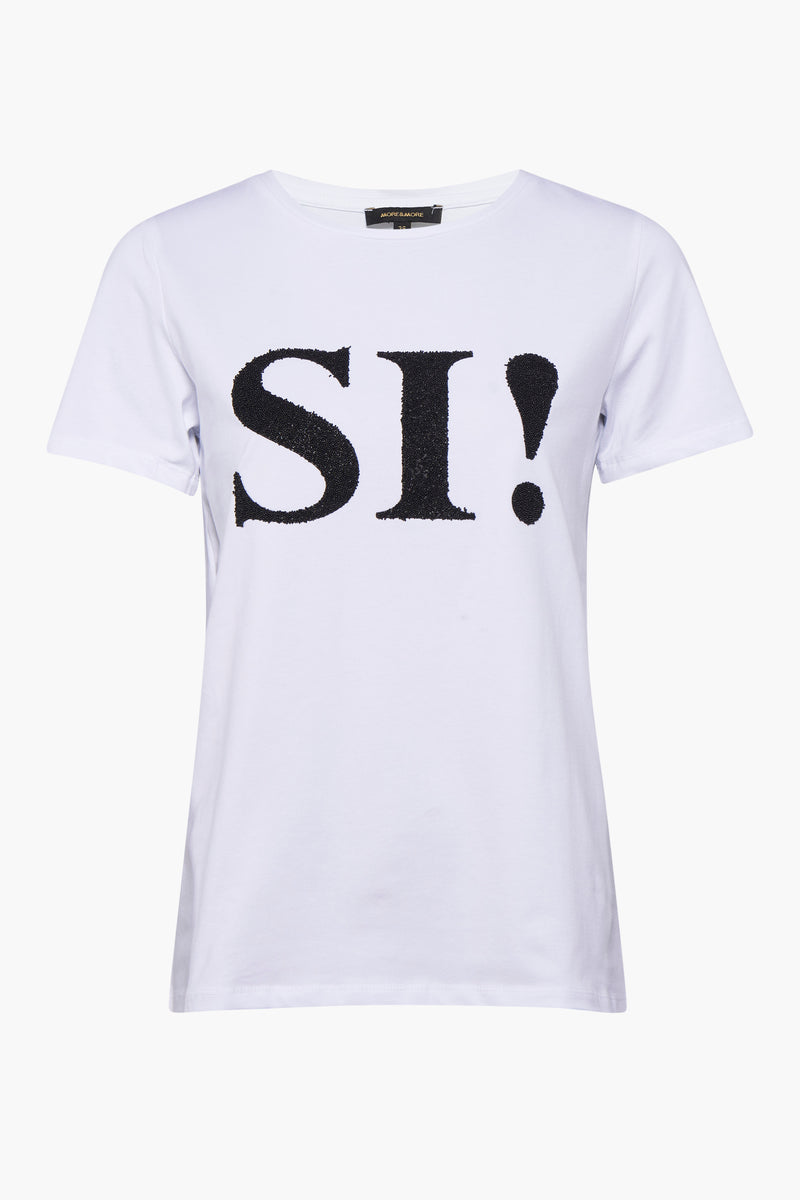 T-shirt blanc à manches courtes de MORE & MORE avec inscription texturée "SI!" en noir.