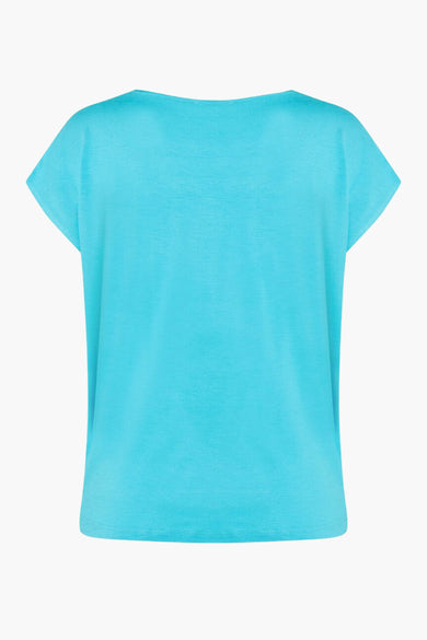 Blouse turquoise à manches courtes de MORE & MORE, vue de dos, coupe ample et décontractée.