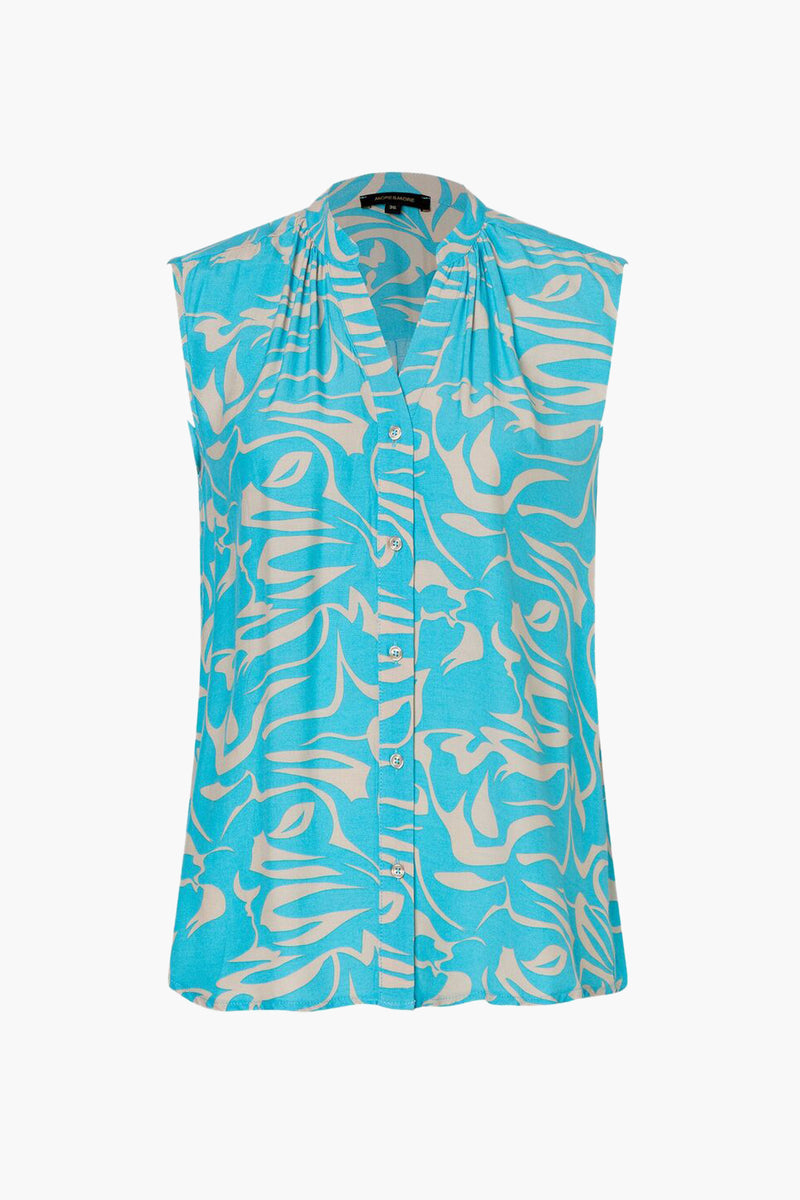 Blouse turquoise sans manches de MORE & MORE avec motif abstrait beige et fermeture boutonnée.
