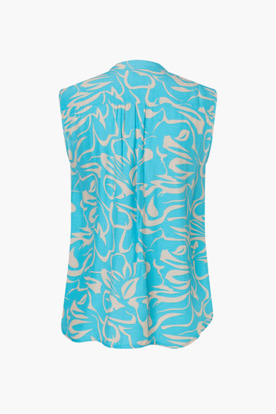 Chemisier turquoise sans manches de MORE & MORE avec motif abstrait beige, vue de dos.
