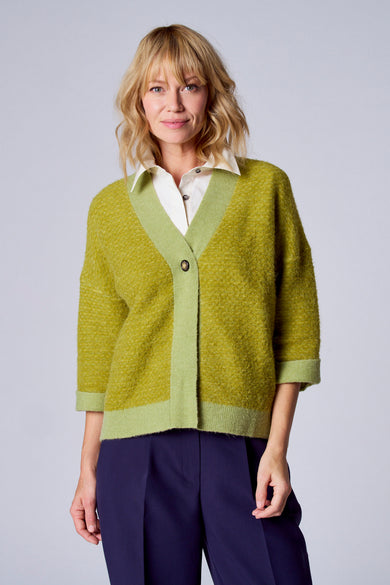 Gilet vert de Terre Bleue, porté sur une chemise blanche, associé à un pantalon bleu marine.
