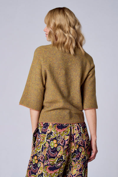 Groen gemêleerd trui van TERRE BLEUE, korte mouwen met contrasterende bies, gedragen met een broek met paisley-patroon.