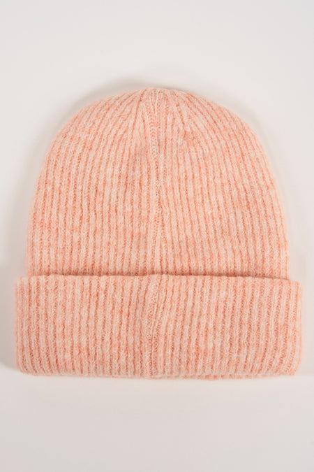 Soft pink ribbed knit beanie by BARTS, featuring a folded cuff and textured yarn, shown front view on white background.