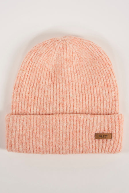 Soft pink ribbed knit beanie by BARTS with folded cuff and leather brand tag, front view