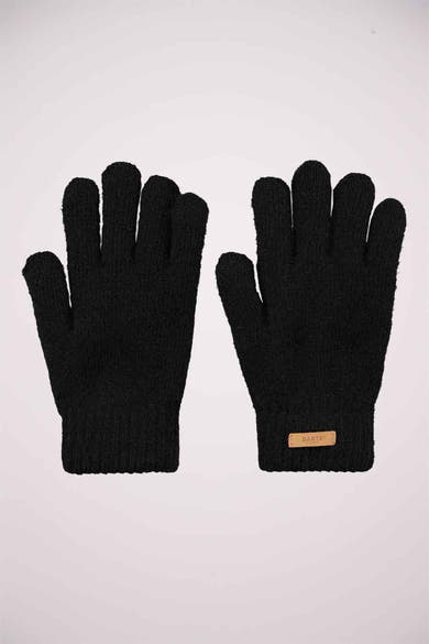 Gants noirs tricotés de BARTS, avec une étiquette logo en cuir sur le poignet.