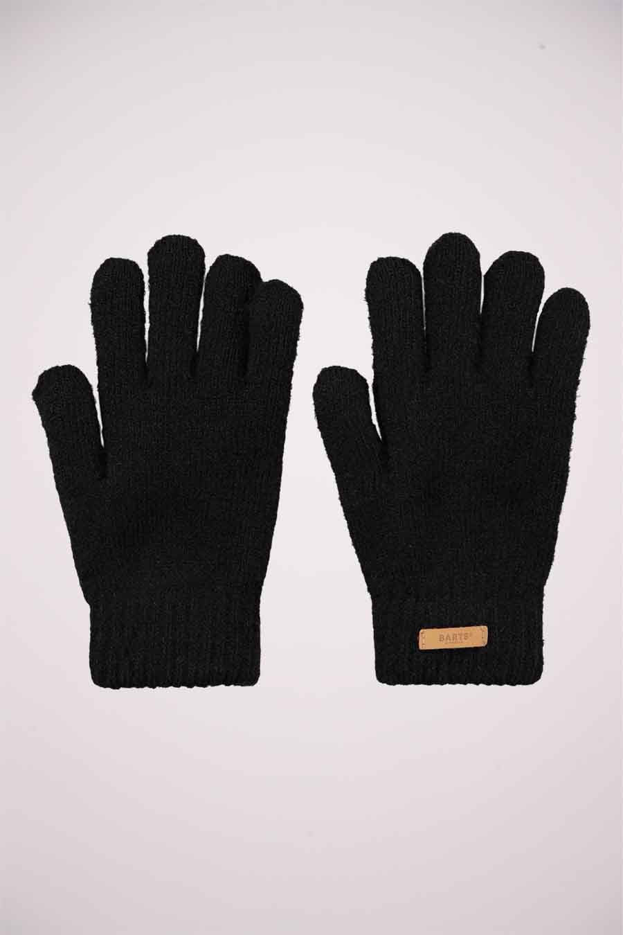 Gants noirs tricotés de BARTS, avec une étiquette logo en cuir sur le poignet.
