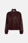 Bordeaux leather bomber jacket by Faye & Sis, front view with ribbed cuffs and waistband, textured surface, stand collar with buttons