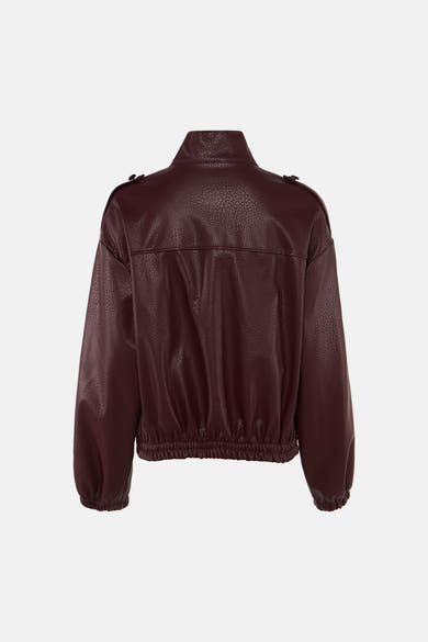 Bordeaux leather bomber jacket with textured surface, elasticated cuffs and hem, back view