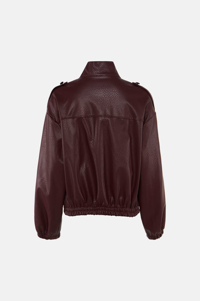 Bordeaux leather bomber jacket with textured surface, elasticated cuffs and hem, back view