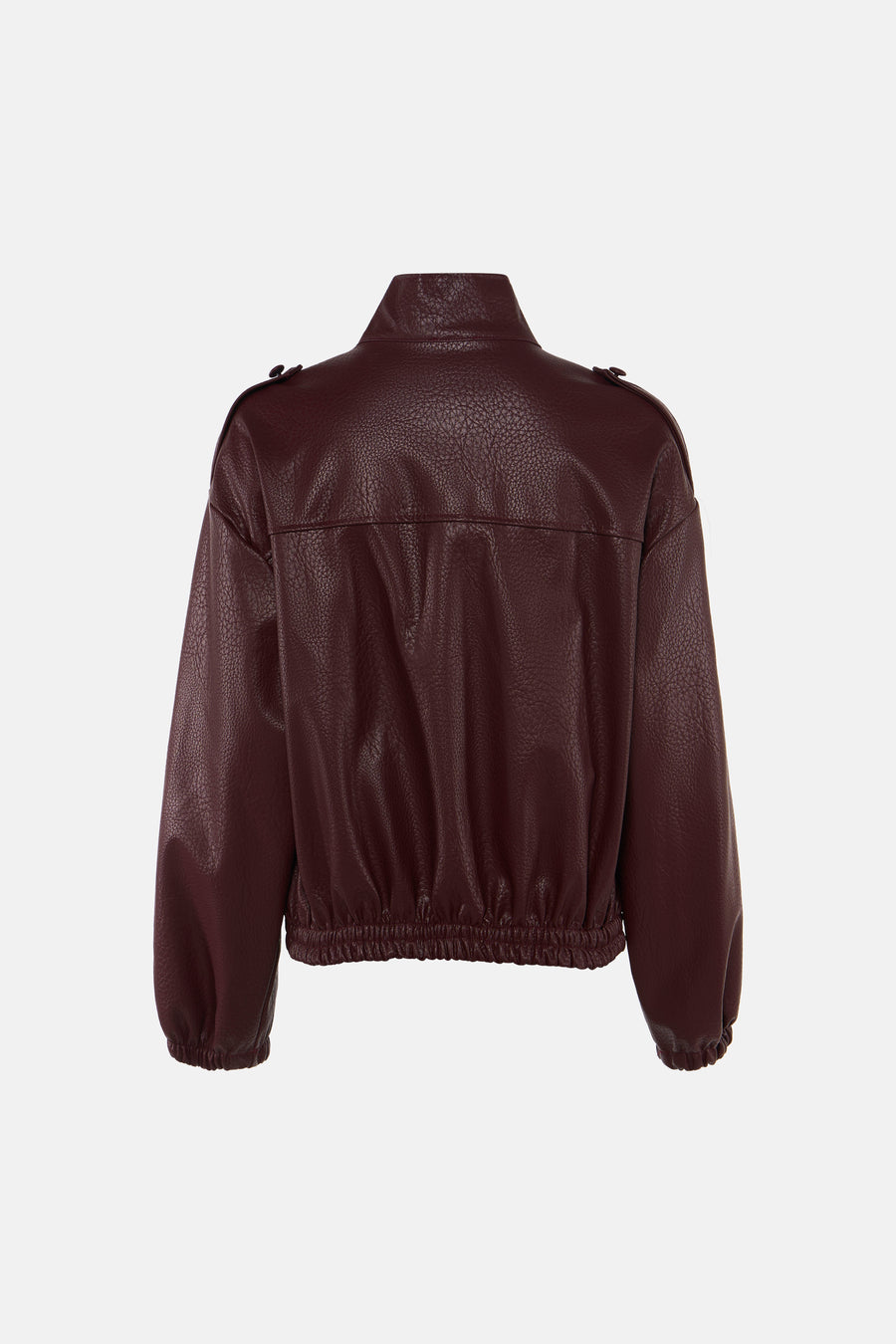 Bordeaux leather bomber jacket with textured surface, elasticated cuffs and hem, back view