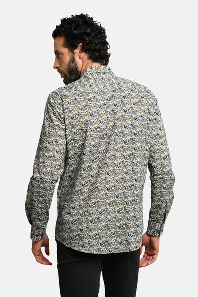 Bedrukte blouse met lange mouwen van DELAHAYE, discreet bloemenpatroon, achterzijde.