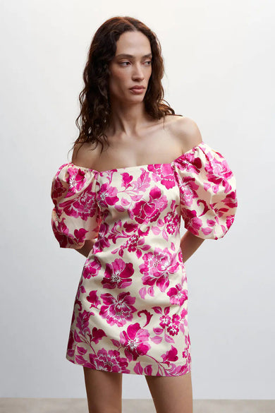 Rose floral midi robe with off-the-shoulder puff sleeves, front view, cream base with vibrant pink blossoms and green stems.