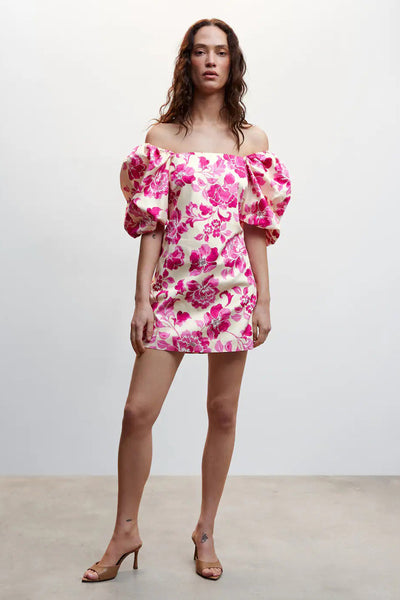 Rose floral midi robe with off-the-shoulder puff sleeves, front view, model wearing tan heels