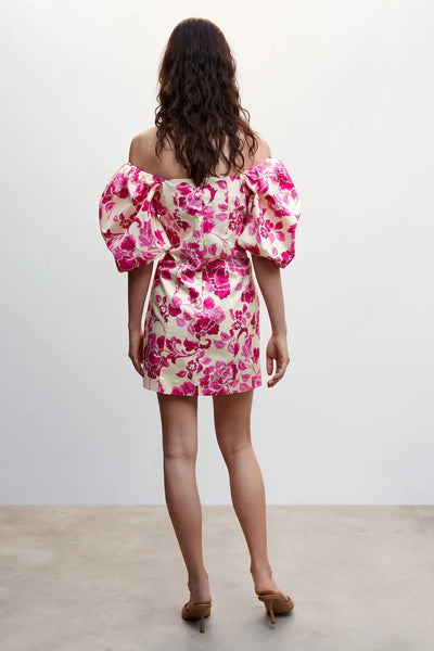 Rose floral midi robe with off-shoulder puff sleeves, back view, cream base with vibrant pink blooms and structured fit.