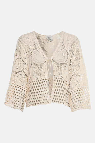 Beige gehaakte vest van Terra di Siena, met ajourpatroon en korte mouwen.
